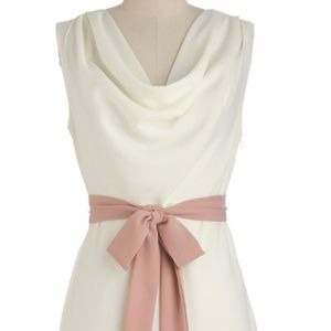 White cowl neck dress with pink and navy detail